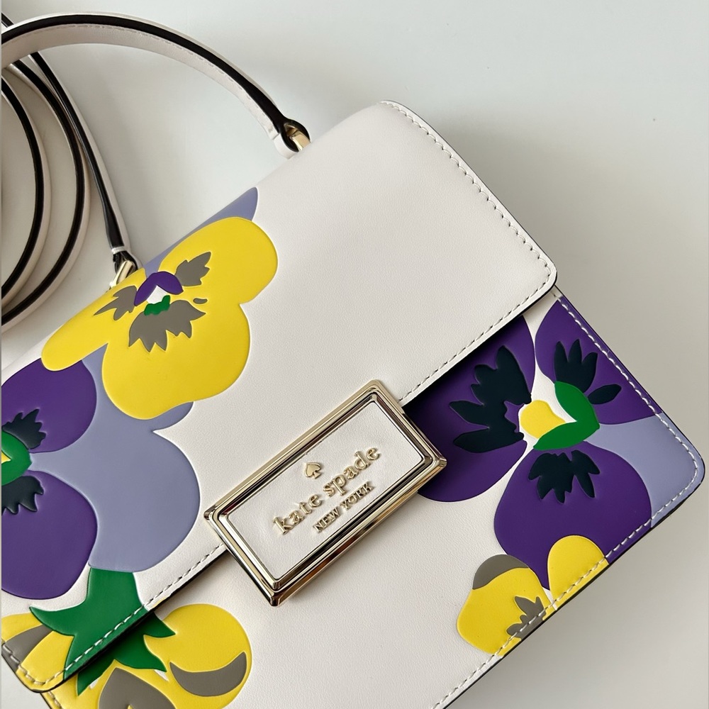 ♠️Kate Spade Reegan Pansy Toss Top Handle Satchel Crossbody Bag, Parchment NWT - Picture 3 of 12